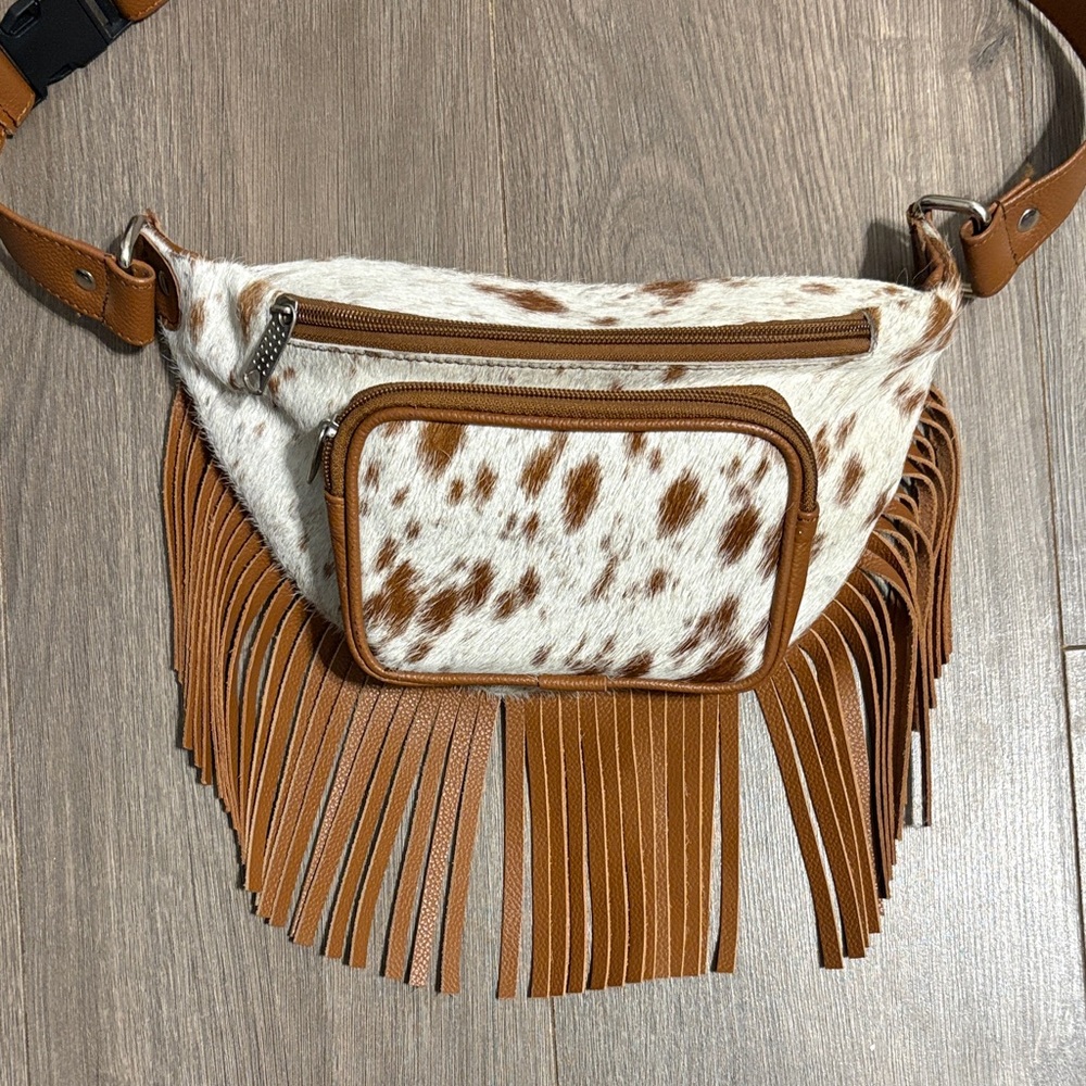 Real Cowhide Brown and White Tan Fringe Fanny pack bum Bag